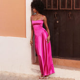 Vestido de noche largo de satén sedoso, acampanado, con escote cuadrado, espalda con cordones y cintura baja